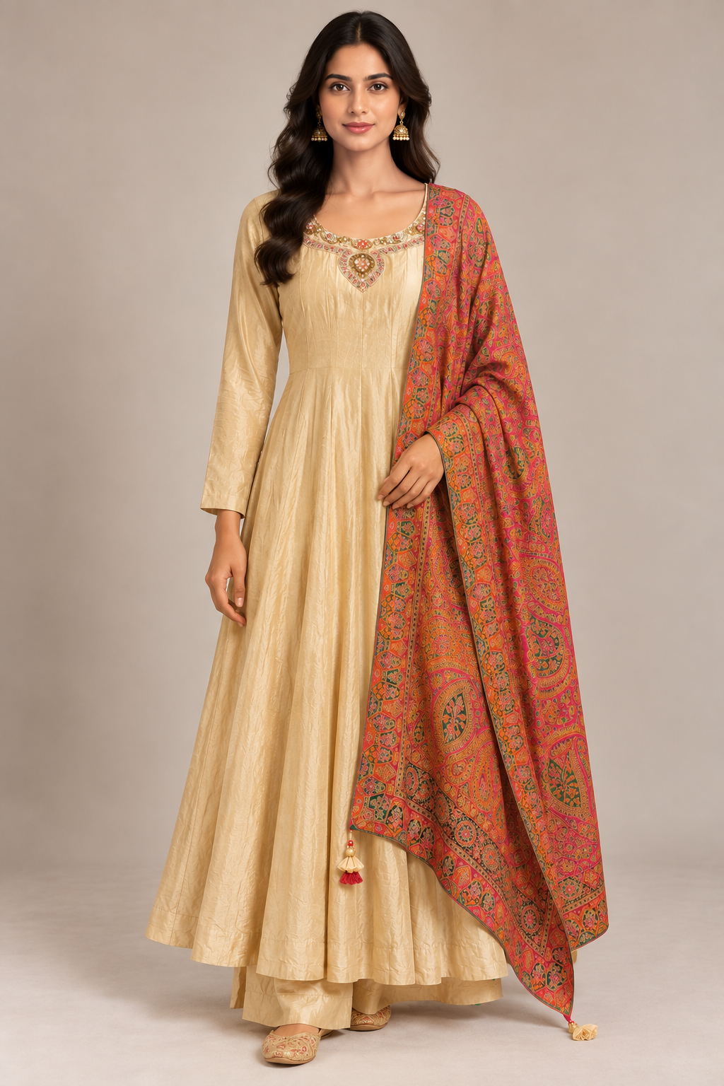 Champagne Gold Silk Anarkali Set